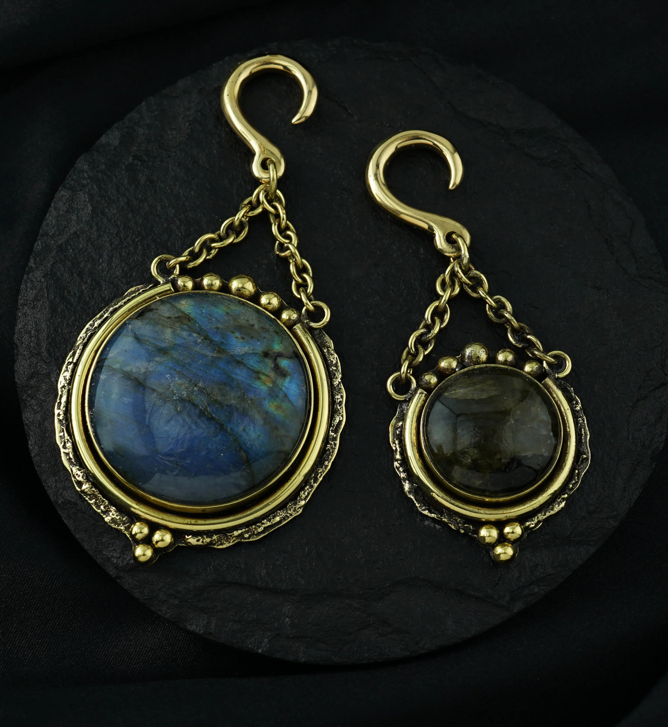 Round Disk Labradorite Stone Hanging Brass Ear Weights - Image 3
