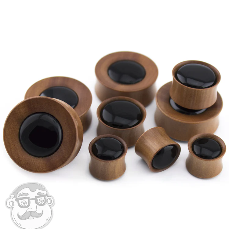 Saba Wood Plugs With Black Obsidian Stone Inlay - Image 4