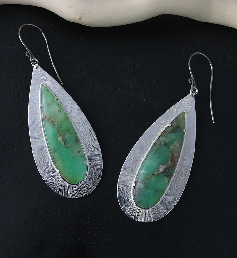 Score Chrysoprase Stone White Brass Hangers / Earrings - Image 3