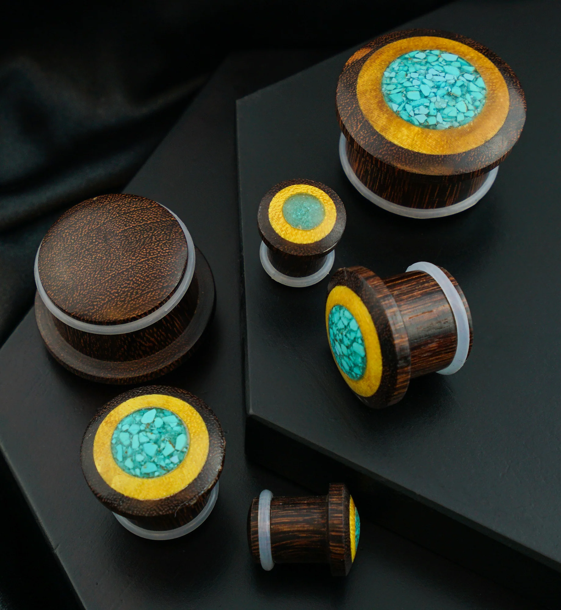 Single Flare Dark Tamarind Wood Plugs with Jackfruit & Turquoise Inlay - Image 2