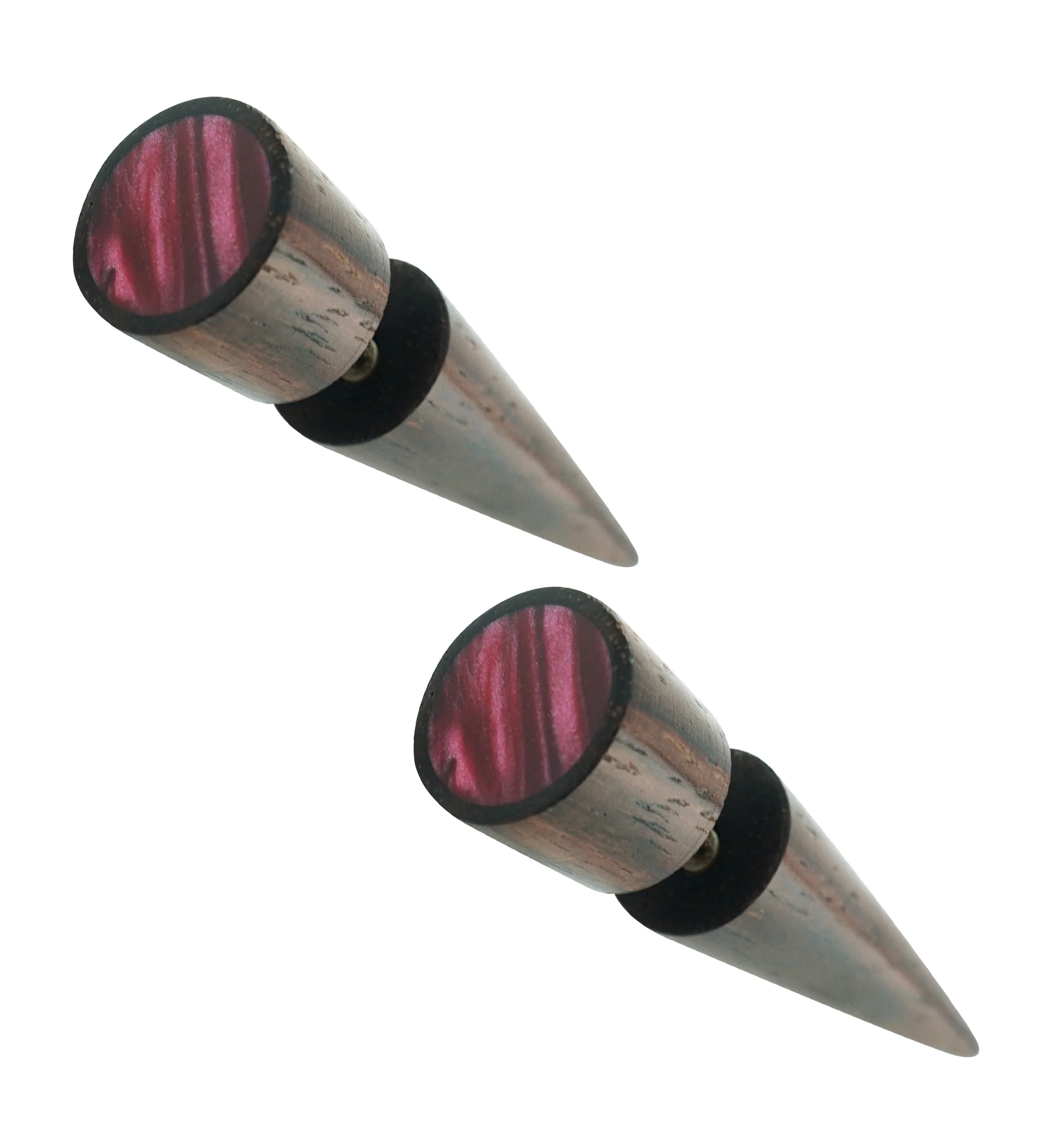 Sono Wooden Fake Gauge Taper Earring with Magenta Resin Inlay