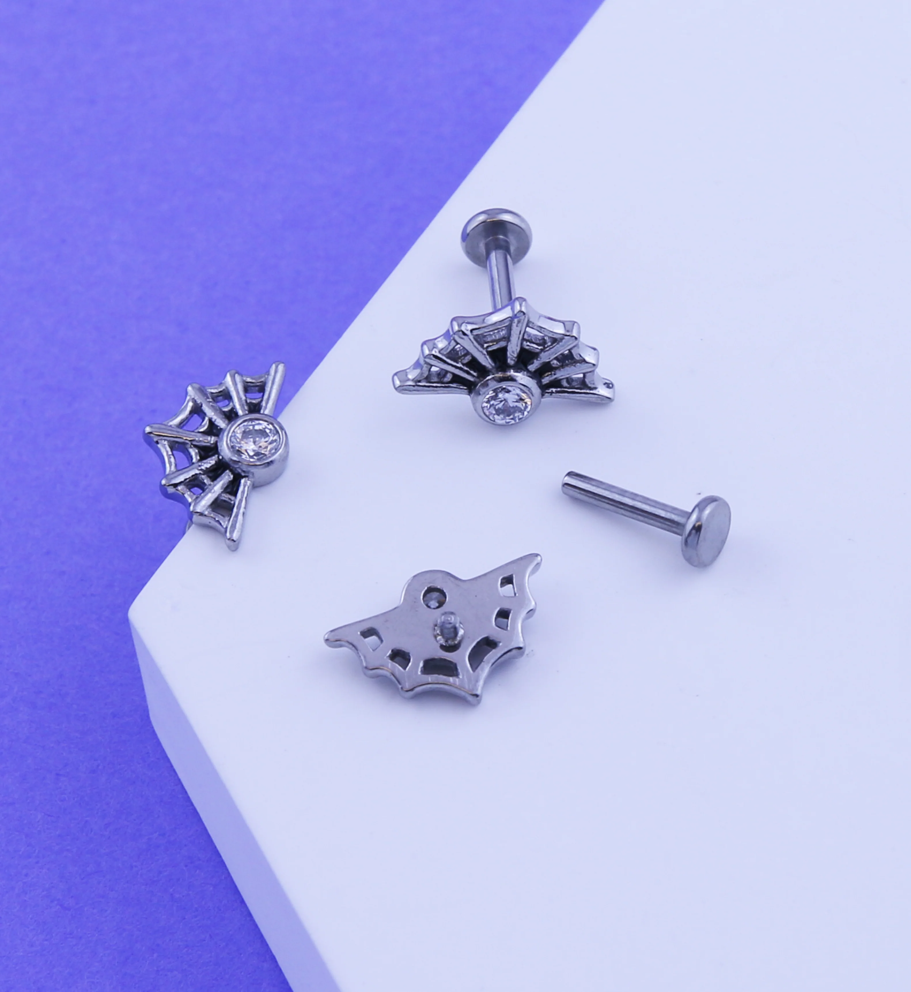 Spider Web Clear CZ Stainless Steel Internally Threaded Labret - Image 2