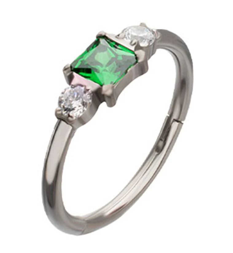 Square & Round Green Emerald CZ Titanium Hinged Segment Ring
