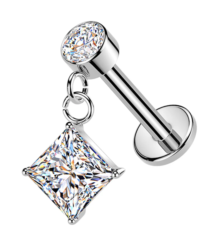Square CZ Dangle Internally Threaded Stainless Steel Labret