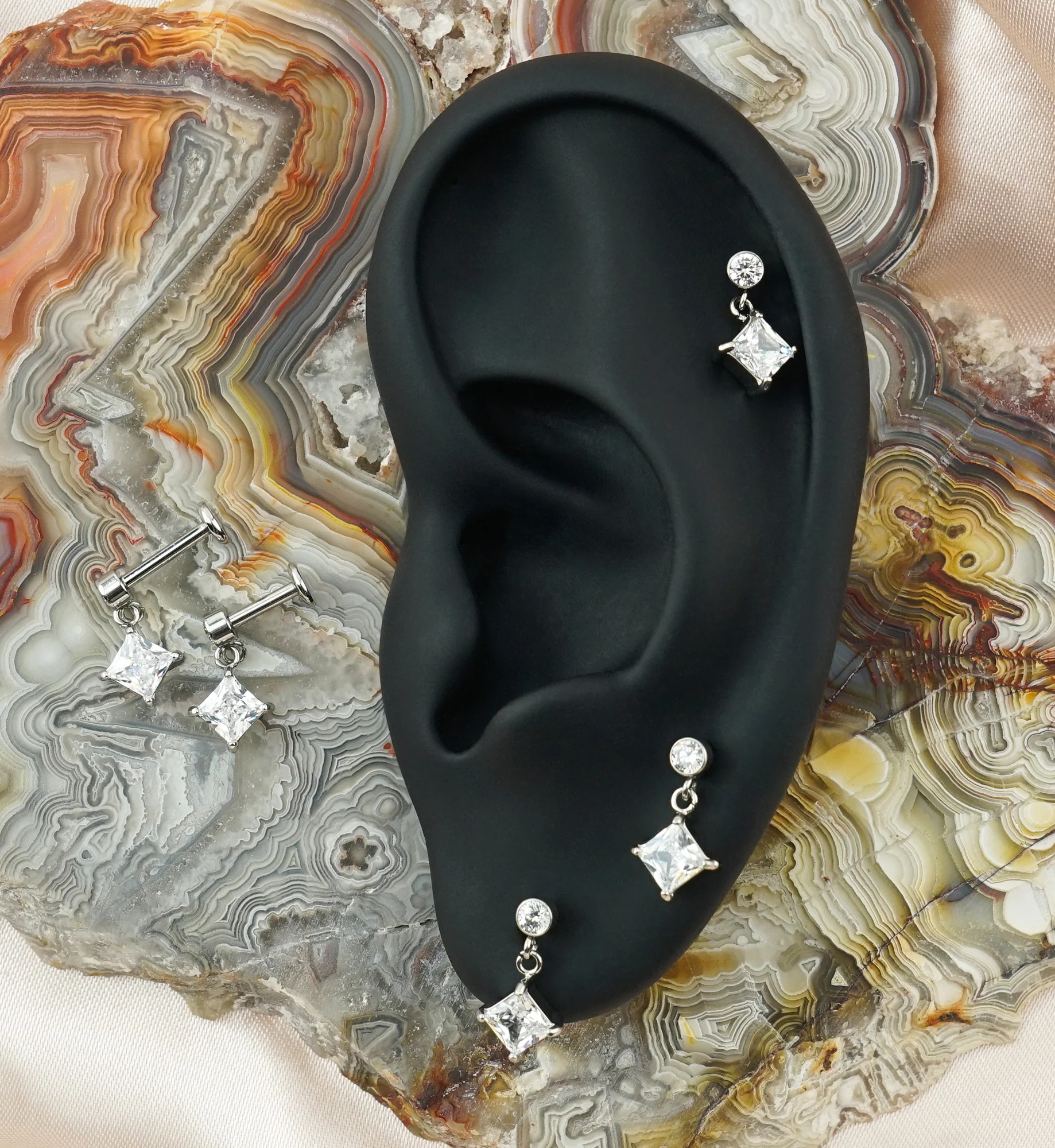 Square CZ Dangle Internally Threaded Stainless Steel Labret - Image 2
