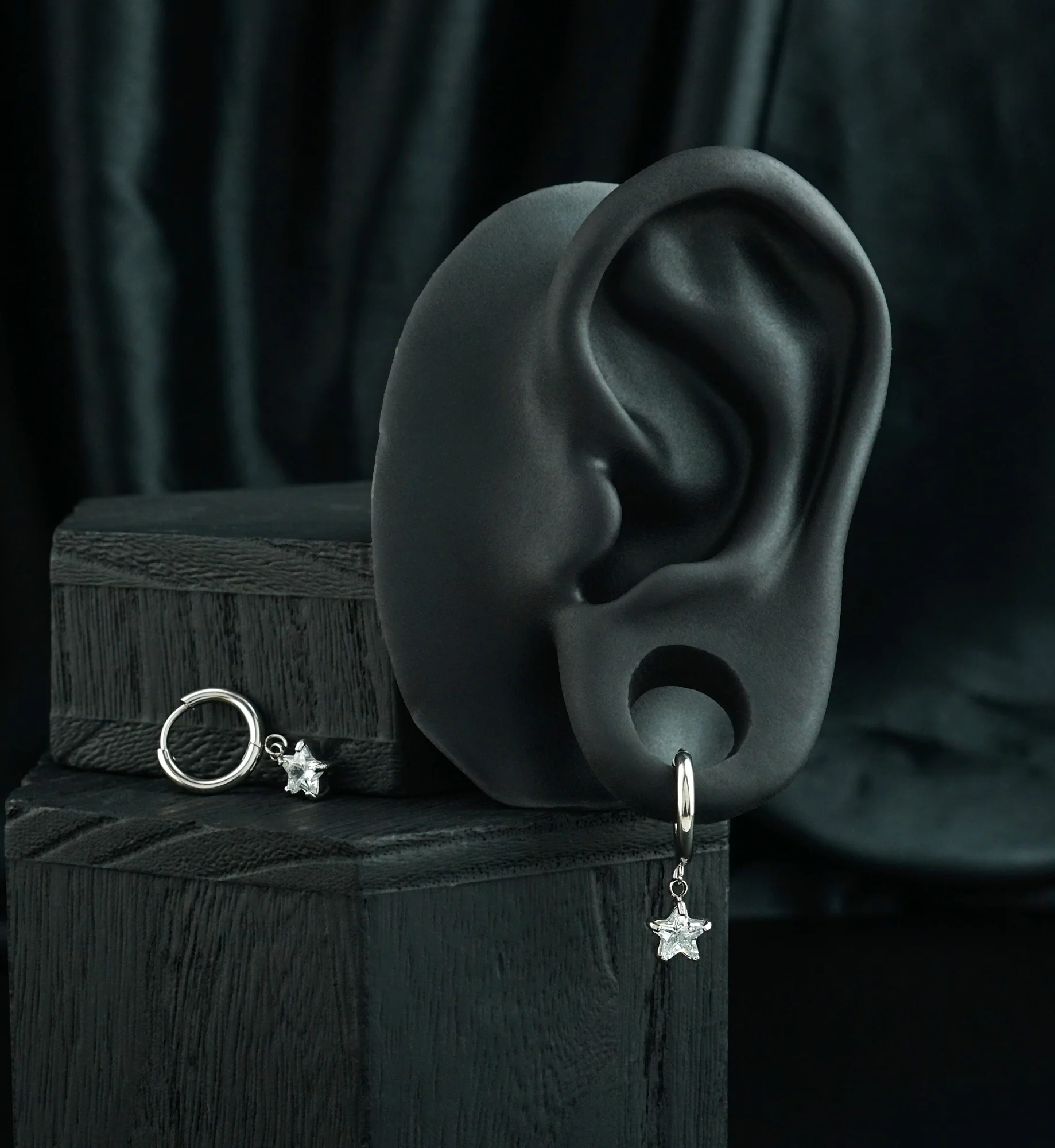 Star CZ Stainless Steel Hinged Hoop Huggie Dangle Earrings - Image 2