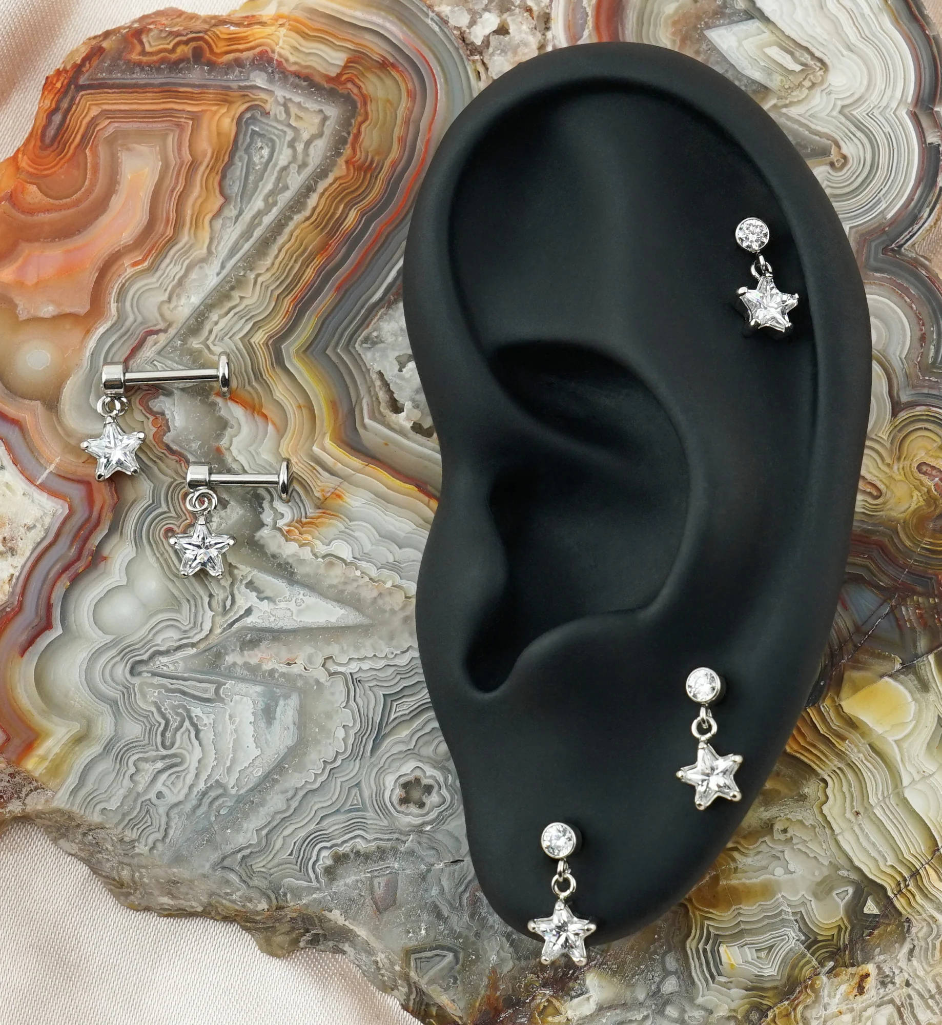 Star Prong CZ Dangle Internally Threaded Stainless Steel Labret - Image 2