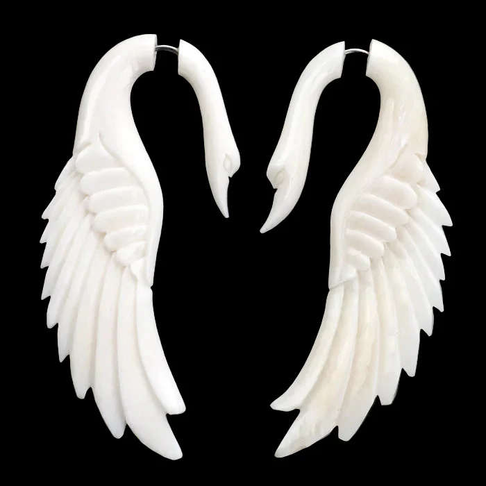 Swan Angel Wing Spiral Fake Gauges Bone Earrings