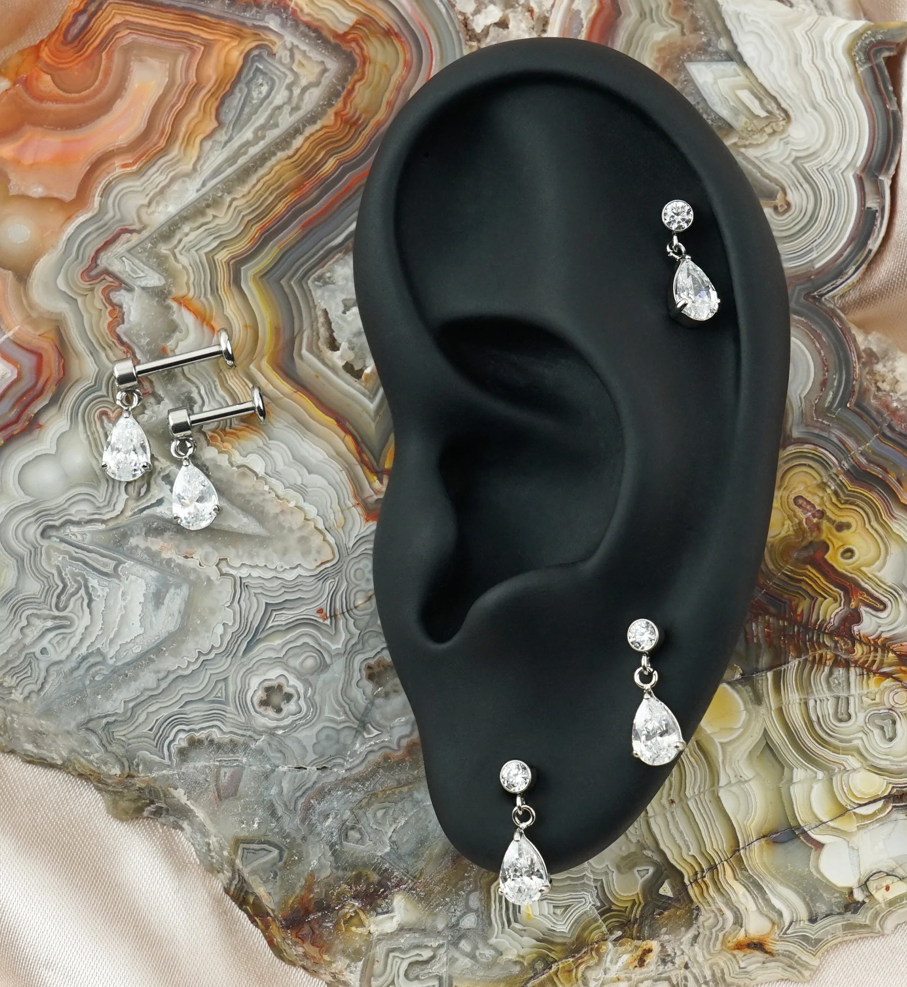 Teardrop CZ Dangle Internally Threaded Stainless Steel Labret - Image 2