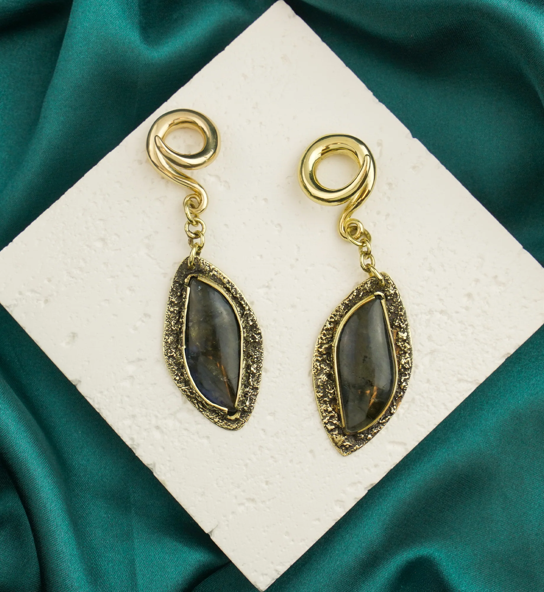 Textured Labradorite Stone Brass Hangers/Ear Weights Version 3 - Image 2