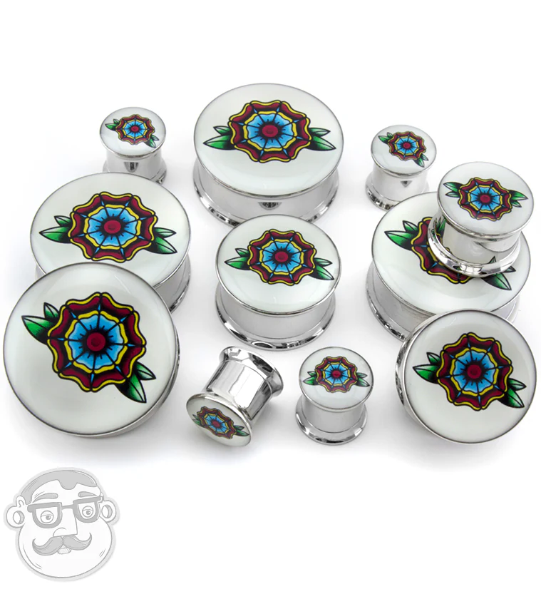 Traditional Flower Tattoo Steel Plugs - Image 2
