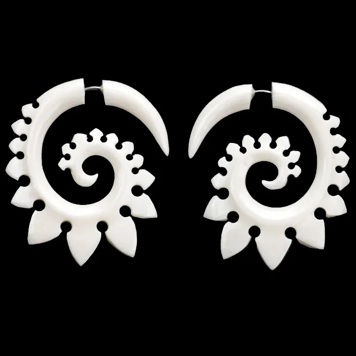 Tribal Spade Spirals Fake Gauges Bone Earrings
