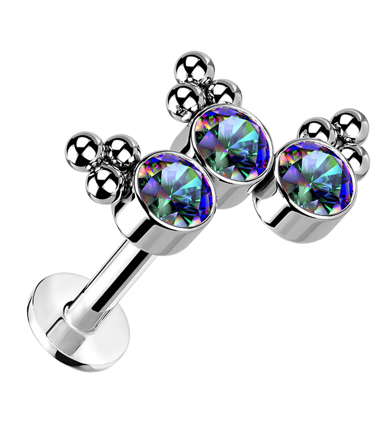 16G Triple Beaded Black Aurora CZ Curve Titanium Threadless Labret