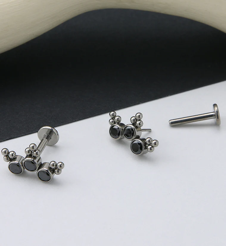 16G Triple Beaded Black CZ Curve Titanium Threadless Labret - Image 2
