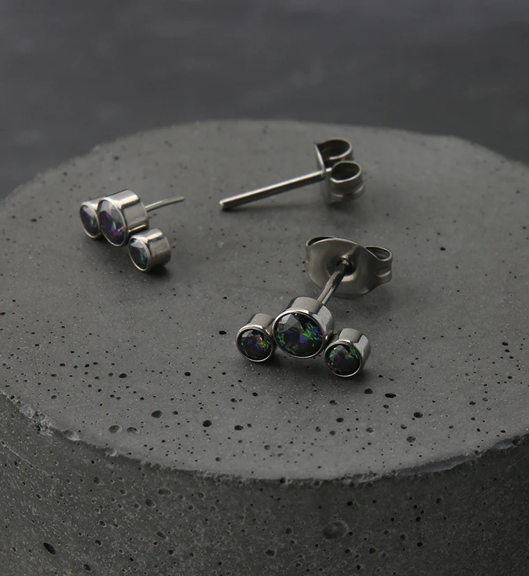 Triple Black Aurora CZ Titanium Threadless Earrings - Image 2