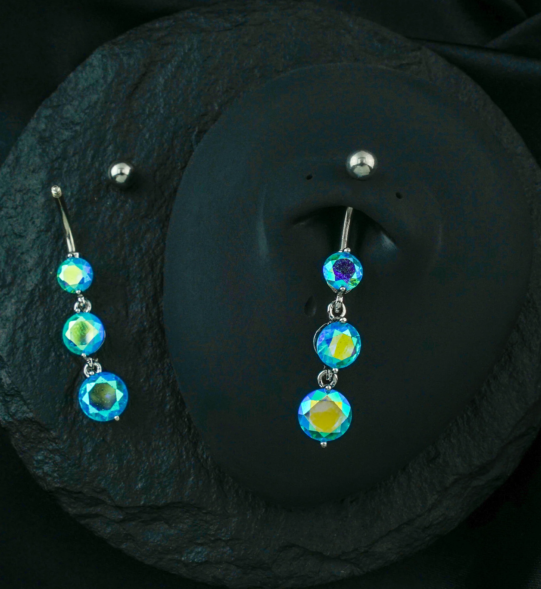 Triple Blue Aurora CZ Dangle Belly Button Ring - Image 2