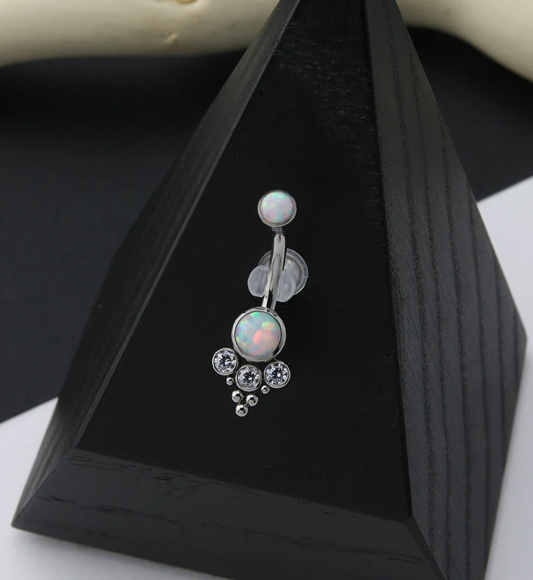 Triple CZ Titanium White Opal Belly Button Ring - Image 2