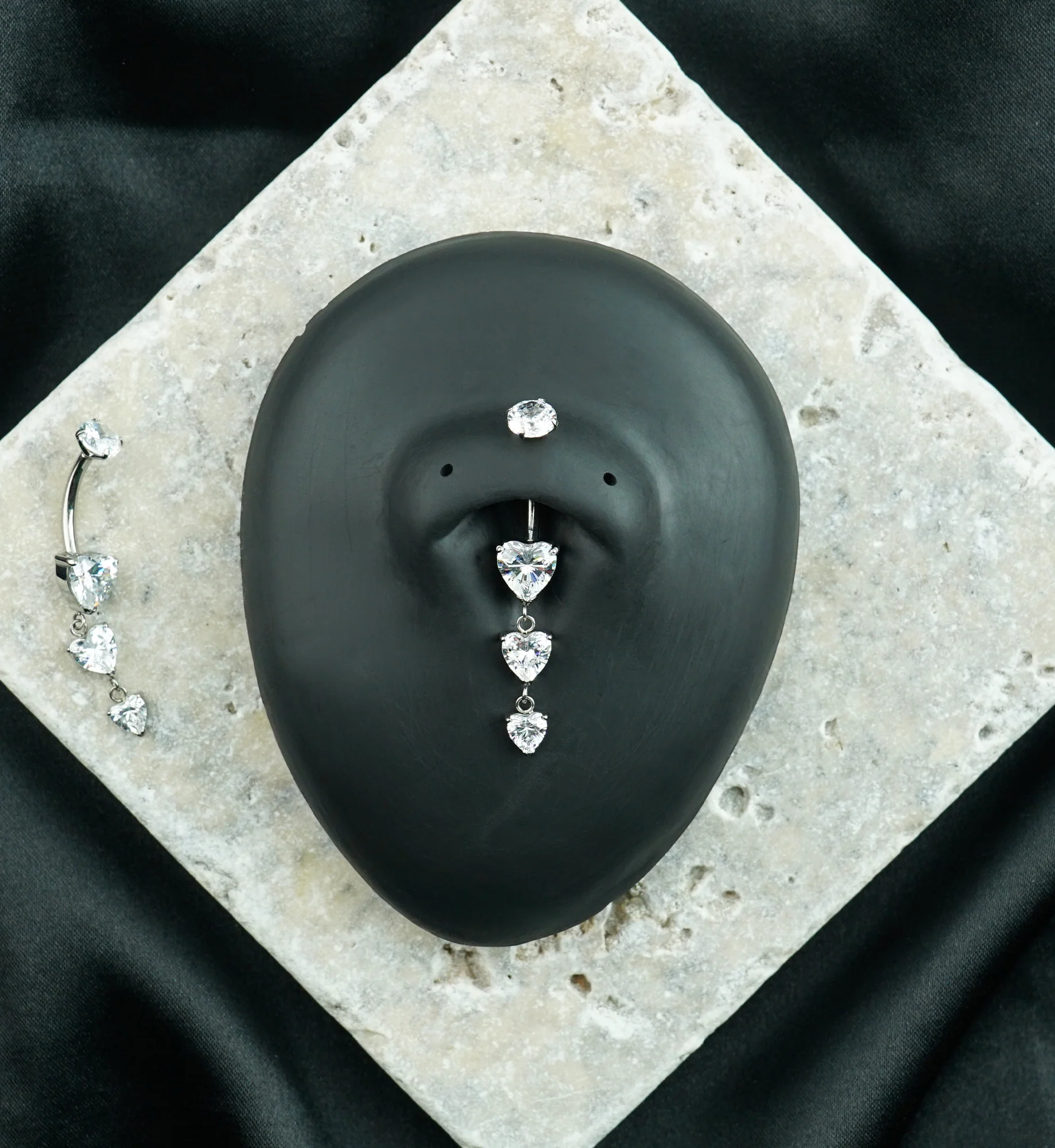 Triple Heart Clear CZ Dangle Titanium Internally Threaded Belly Button Ring - Image 2