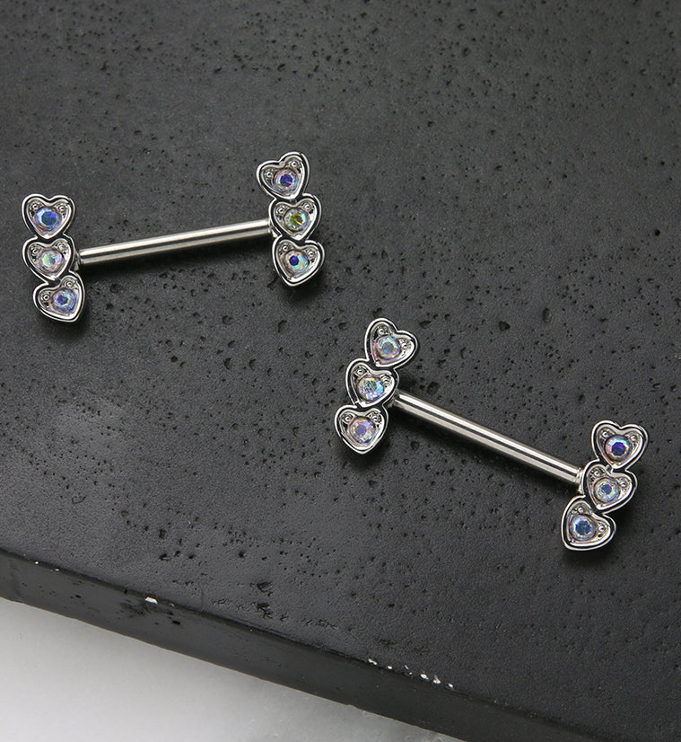 Triple Heart Rainbow Aurora CZ Stainless Steel Nipple Barbell - Image 2