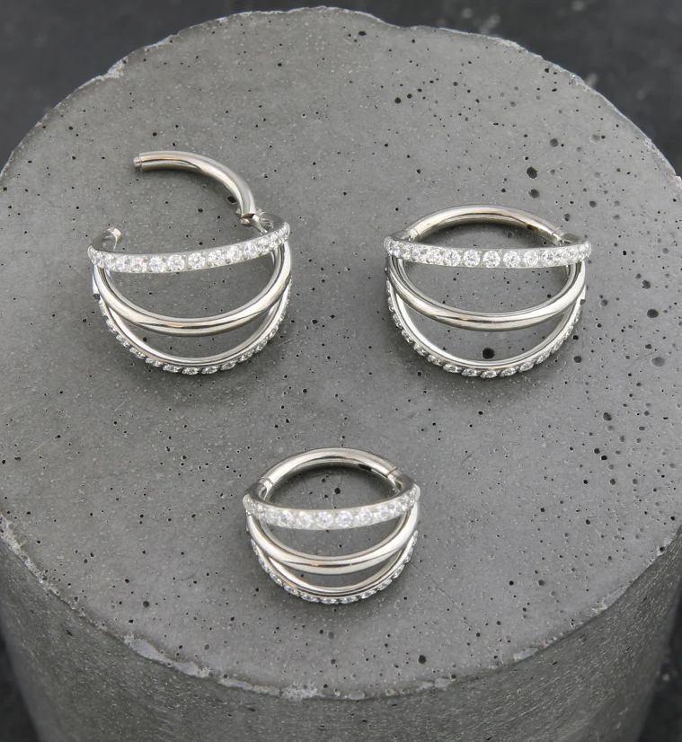 Triple Side Bar Dual Clear CZ Row Titanium Hinged Segment Ring - Image 2