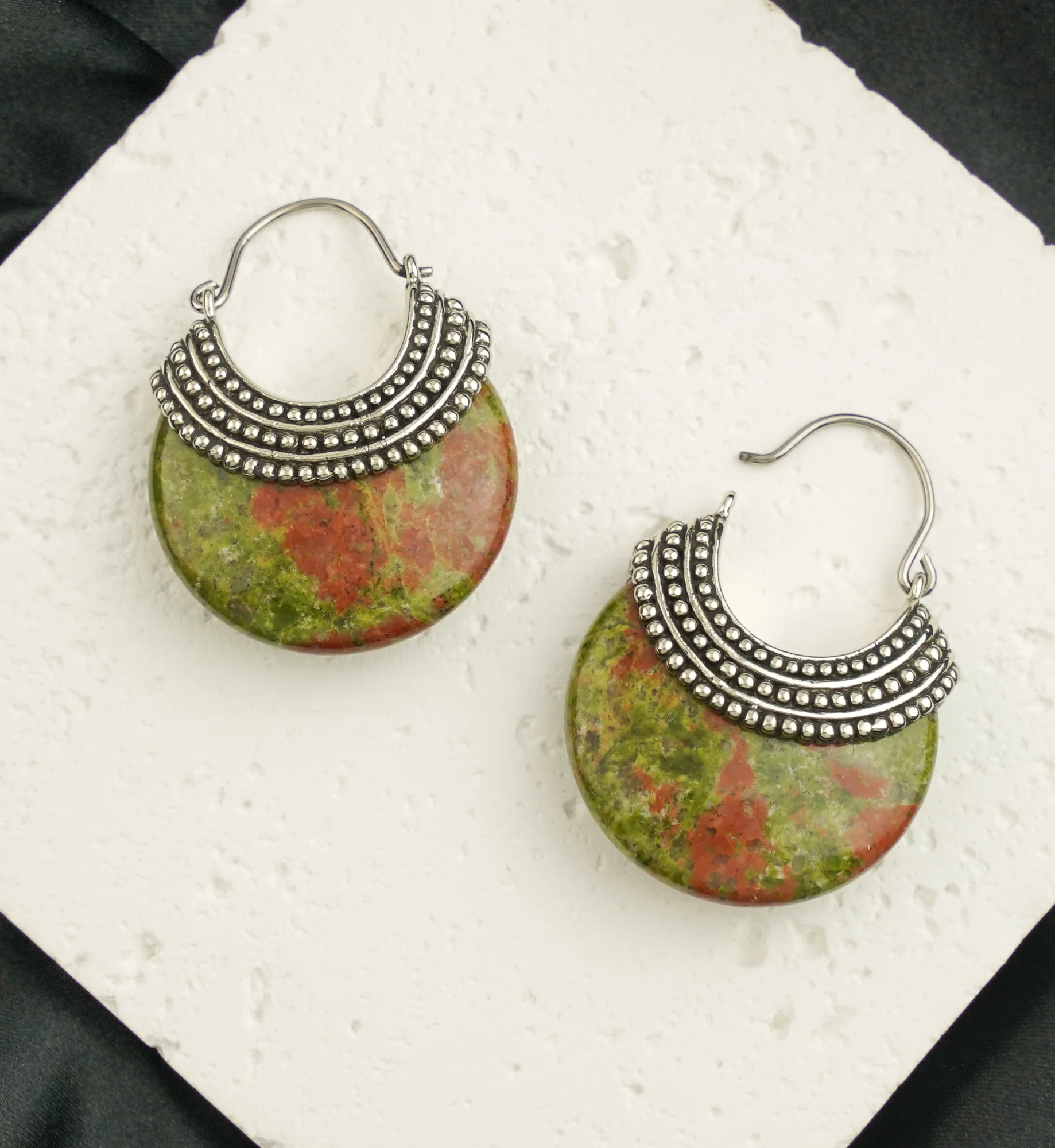 Unakite Beaded White Brass Stone Earrings - Image 2