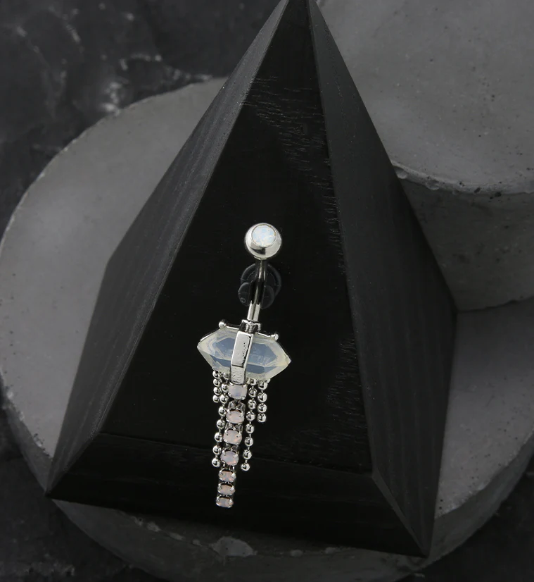 White Opalite Crystal Bead Chain Stainless Steel Belly Button Ring - Image 2