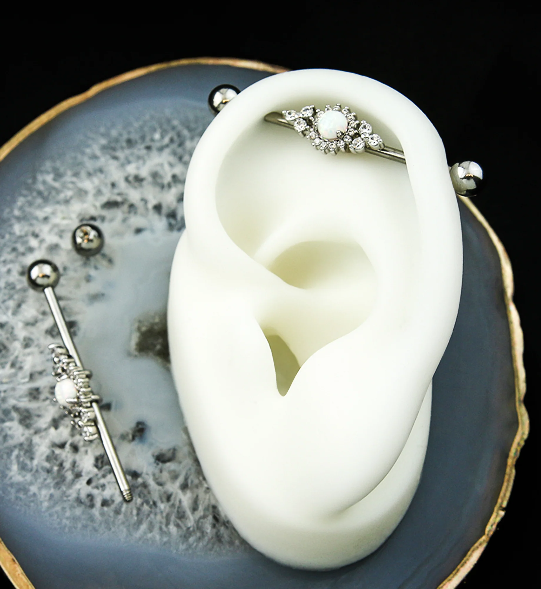 White Opalite Triple Clear CZ Cluster Stainless Steel Industrial Barbell - Image 2