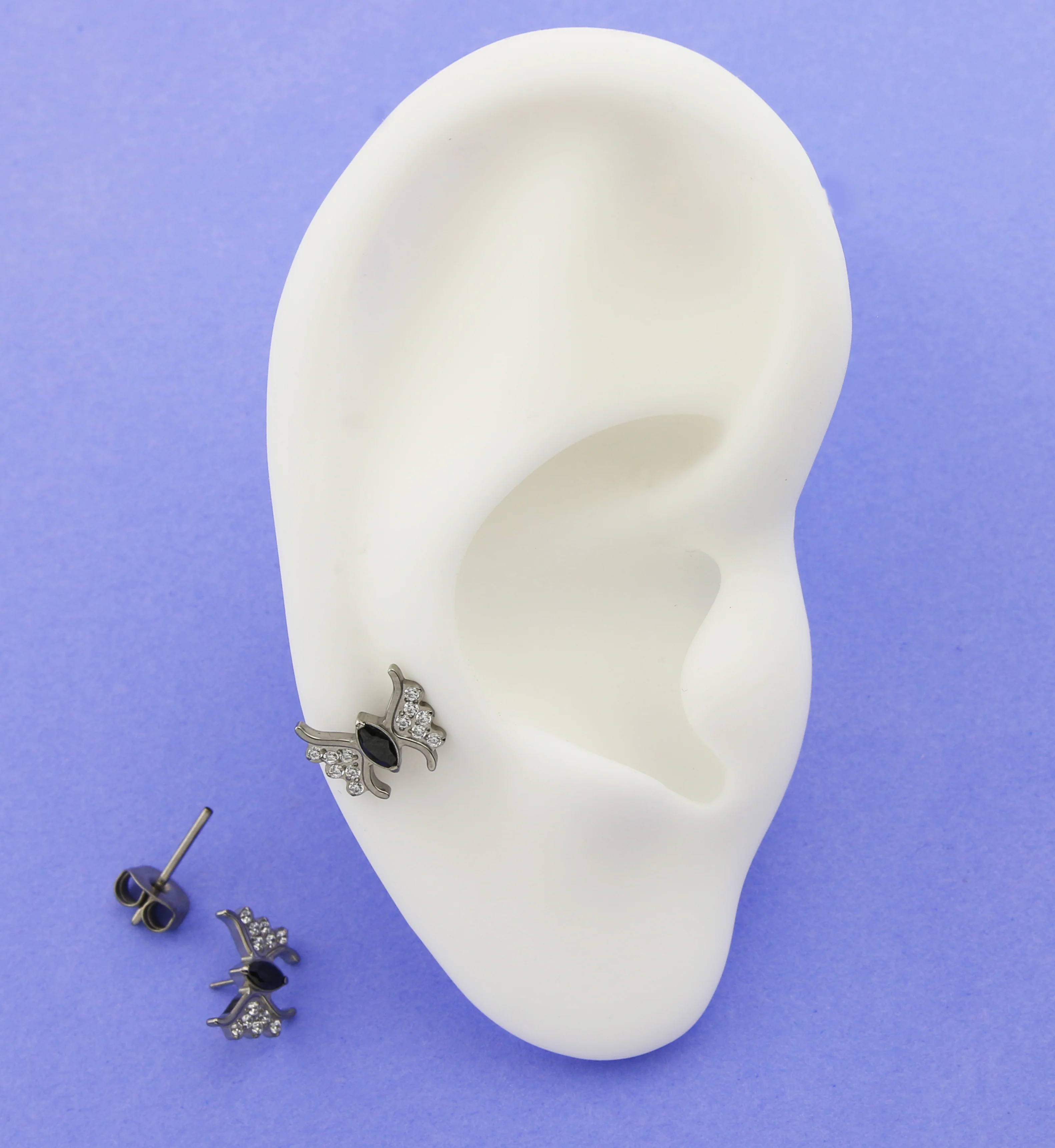 Wings Black CZ Titanium Threadless Stud Earrings - Image 2