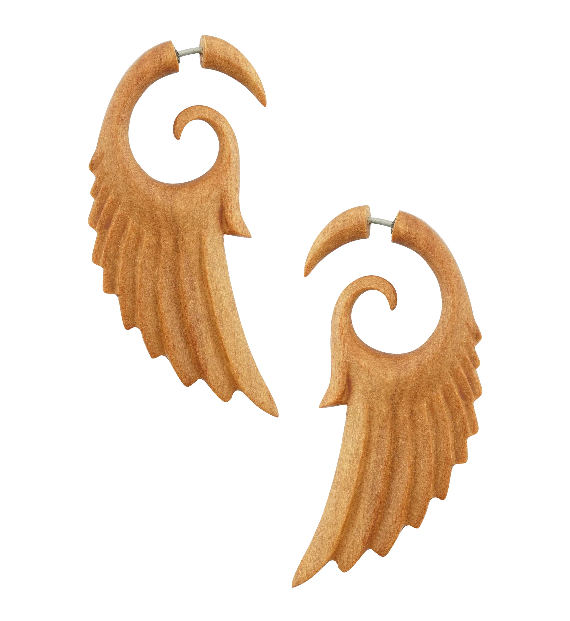 Wooden Angel Wing Fake Gauge Spiral Tribal Earrings (19G - 0.9mm) - Image 2